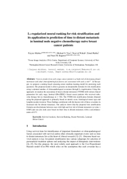 L1-regularized neural ranking for risk stratification and its
  application to prediction of time to distant metastasis in luminal node
  negative chemotherapy naïve breast cancer patients