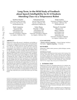 Long-Term, in-the-Wild Study of Feedback about Speech Intelligibility
  for K-12 Students Attending Class via a Telepresence Robot