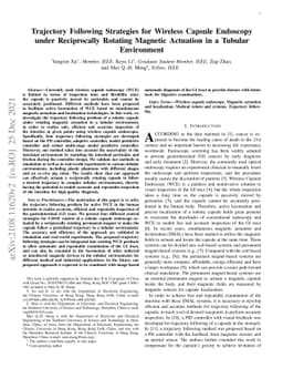 Trajectory Following Strategies for Wireless Capsule Endoscopy under
  Reciprocally Rotating Magnetic Actuation in a Tubular Environment