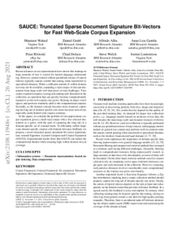 SAUCE: Truncated Sparse Document Signature Bit-Vectors for Fast
  Web-Scale Corpus Expansion