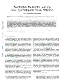 Acceleration Method for Learning Fine-Layered Optical Neural Networks