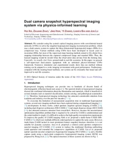 Dual camera snapshot hyperspectral imaging system via physics informed
  learning