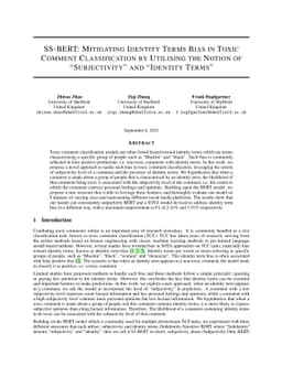 SS-BERT: Mitigating Identity Terms Bias in Toxic Comment Classification
  by Utilising the Notion of "Subjectivity" and "Identity Terms"
