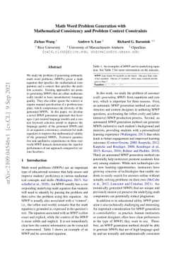 Math Word Problem Generation with Mathematical Consistency and Problem
  Context Constraints