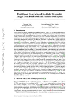 Conditional Generation of Synthetic Geospatial Images from Pixel-level
  and Feature-level Inputs
