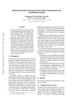 Efficient Contrastive Learning via Novel Data Augmentation and
  Curriculum Learning