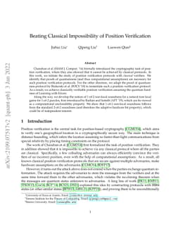 Beating Classical Impossibility of Position Verification