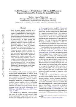 MeLT: Message-Level Transformer with Masked Document Representations as
  Pre-Training for Stance Detection