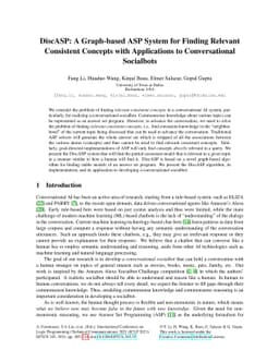 DiscASP: A Graph-based ASP System for Finding Relevant Consistent
  Concepts with Applications to Conversational Socialbots