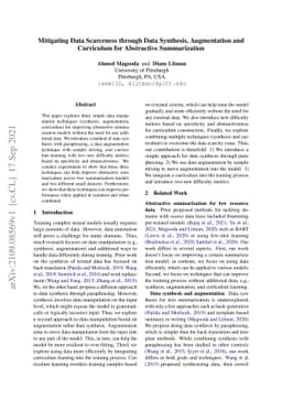 Mitigating Data Scarceness through Data Synthesis, Augmentation and
  Curriculum for Abstractive Summarization