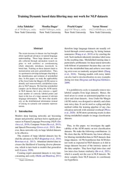 Training Dynamic based data filtering may not work for NLP datasets