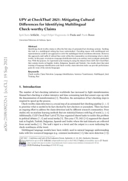 UPV at CheckThat! 2021: Mitigating Cultural Differences for Identifying
  Multilingual Check-worthy Claims
