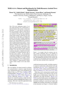 MiRANews: Dataset and Benchmarks for Multi-Resource-Assisted News
  Summarization