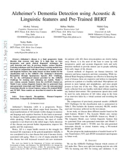 Alzheimers Dementia Detection using Acoustic & Linguistic features and
  Pre-Trained BERT