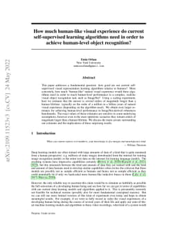How much human-like visual experience do current self-supervised
  learning algorithms need in order to achieve human-level object recognition?