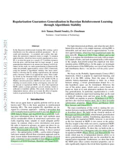 Regularization Guarantees Generalization in Bayesian Reinforcement
  Learning through Algorithmic Stability