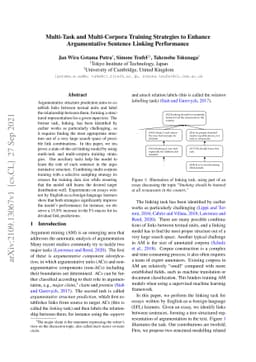 Multi-Task and Multi-Corpora Training Strategies to Enhance
  Argumentative Sentence Linking Performance