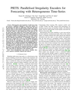 PIETS: Parallelised Irregularity Encoders for Forecasting with
  Heterogeneous Time-Series
