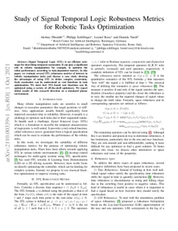 Study of Signal Temporal Logic Robustness Metrics for Robotic Tasks
  Optimization