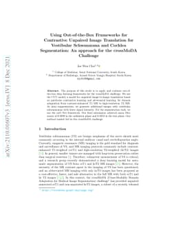 Using Out-of-the-Box Frameworks for Contrastive Unpaired Image
  Translation for Vestibular Schwannoma and Cochlea Segmentation: An approach
  for the crossMoDA Challenge