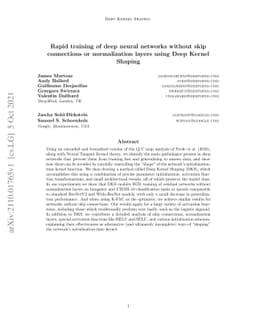 Rapid training of deep neural networks without skip connections or
  normalization layers using Deep Kernel Shaping