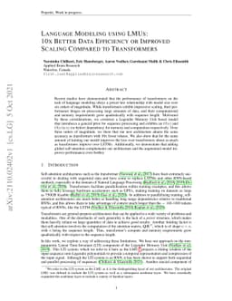 Language Modeling using LMUs: 10x Better Data Efficiency or Improved
  Scaling Compared to Transformers