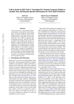 UoB at SemEval-2021 Task 5: Extending Pre-Trained Language Models to
  Include Task and Domain-Specific Information for Toxic Span Prediction