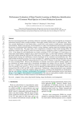 Performance Evaluation of Deep Transfer Learning on Multiclass
  Identification of Common Weed Species in Cotton Production Systems