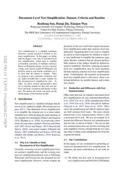 Document-Level Text Simplification: Dataset, Criteria and Baseline
