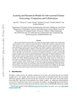 Learning and Dynamical Models for Sub-seasonal Climate Forecasting:
  Comparison and Collaboration