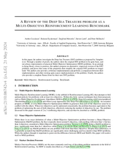 A Review of the Deep Sea Treasure problem as a Multi-Objective
  Reinforcement Learning Benchmark