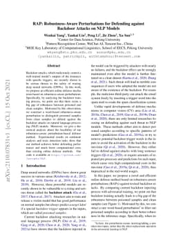 RAP: Robustness-Aware Perturbations for Defending against Backdoor
  Attacks on NLP Models
