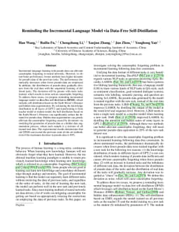 Reminding the Incremental Language Model via Data-Free Self-Distillation
