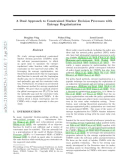 A Dual Approach to Constrained Markov Decision Processes with Entropy
  Regularization