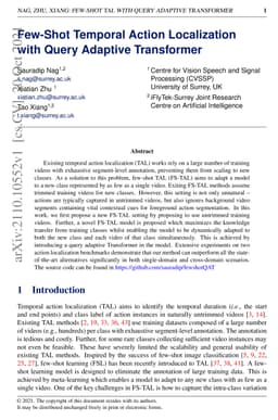 Few-Shot Temporal Action Localization with Query Adaptive Transformer