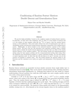 Conditioning of Random Feature Matrices: Double Descent and
  Generalization Error