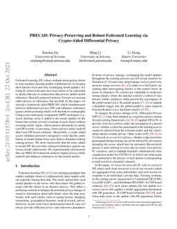 PRECAD: Privacy-Preserving and Robust Federated Learning via
  Crypto-Aided Differential Privacy