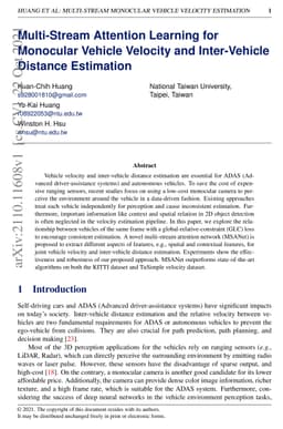 Multi-Stream Attention Learning for Monocular Vehicle Velocity and
  Inter-Vehicle Distance Estimation