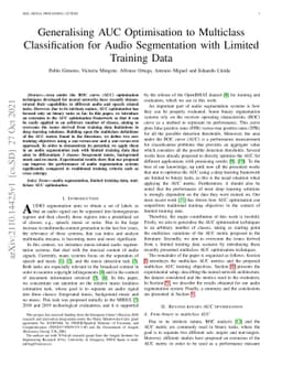 Generalizing AUC Optimization to Multiclass Classification for Audio
  Segmentation With Limited Training Data