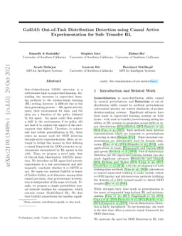 GalilAI: Out-of-Task Distribution Detection using Causal Active
  Experimentation for Safe Transfer RL