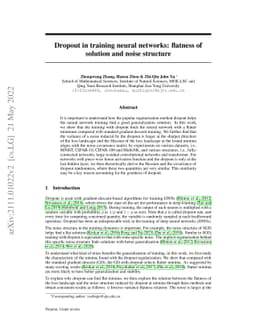 Dropout in Training Neural Networks: Flatness of Solution and Noise
  Structure