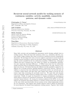 Recurrent neural network models for working memory of continuous
  variables: activity manifolds, connectivity patterns, and dynamic codes