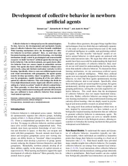 Development of collective behavior in newborn artificial agents