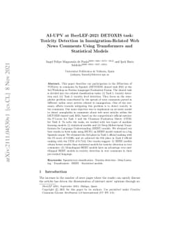 AI-UPV at IberLEF-2021 DETOXIS task: Toxicity Detection in
  Immigration-Related Web News Comments Using Transformers and Statistical
  Models