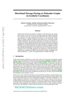 Directional Message Passing on Molecular Graphs via Synthetic
  Coordinates