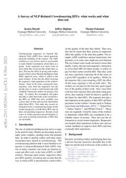 A Survey of NLP-Related Crowdsourcing HITs: what works and what does not