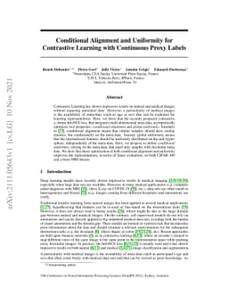 Conditional Alignment and Uniformity for Contrastive Learning with
  Continuous Proxy Labels