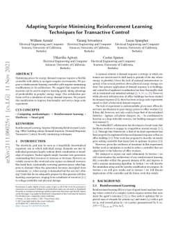Adapting Surprise Minimizing Reinforcement Learning Techniques for
  Transactive Control
