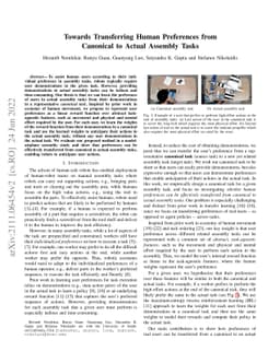 Towards Transferring Human Preferences from Canonical to Actual Assembly
  Tasks