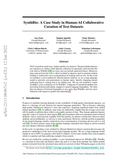 SynthBio: A Case Study in Human-AI Collaborative Curation of Text
  Datasets